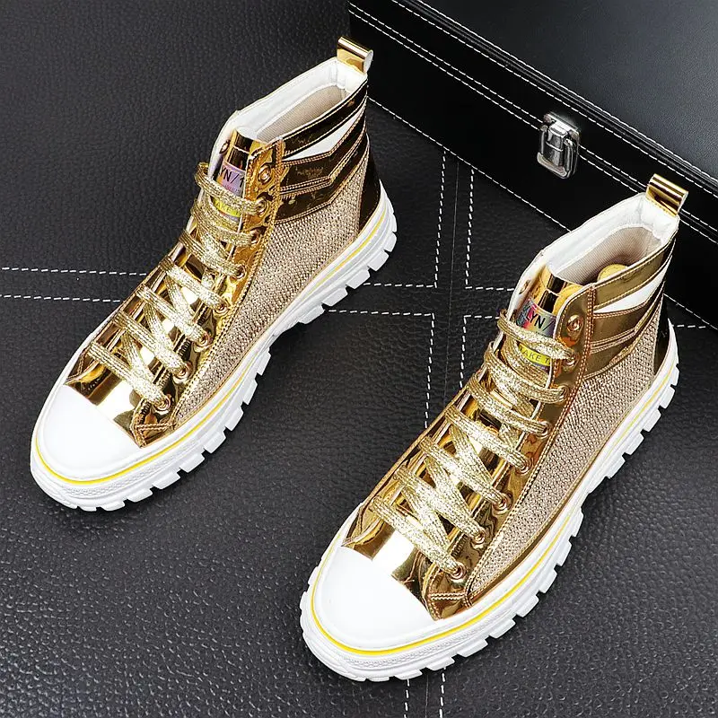 

New designer Men high top rhinestone gold silver Casual Shoes for men thick bottom flats shoes loafers Male skateboard sneakers