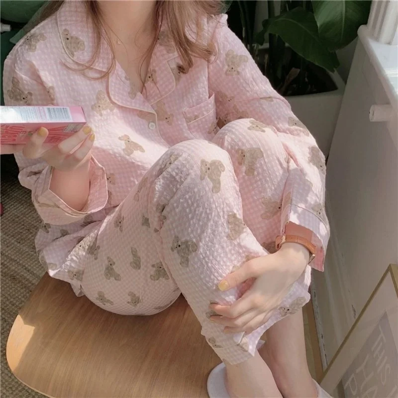 QWEEK Cotton Pajamas for Women Kawaii Bear Print Pijamas Autumn Sleepwear Korean Pyjamas Female Set 2 Piece Loungwear Homewear