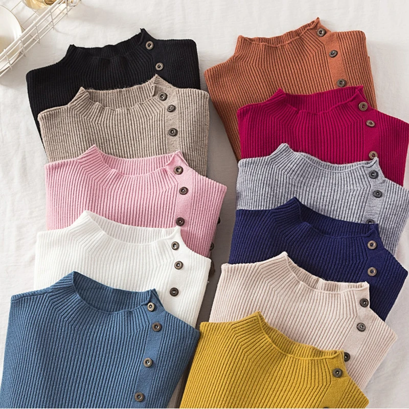 

Женский Повседневный вязаный свитер на пуговицах спереди, длинный свитер с воротником-стойкой, облегающий теплый пуловер в стиле High Street, мо...