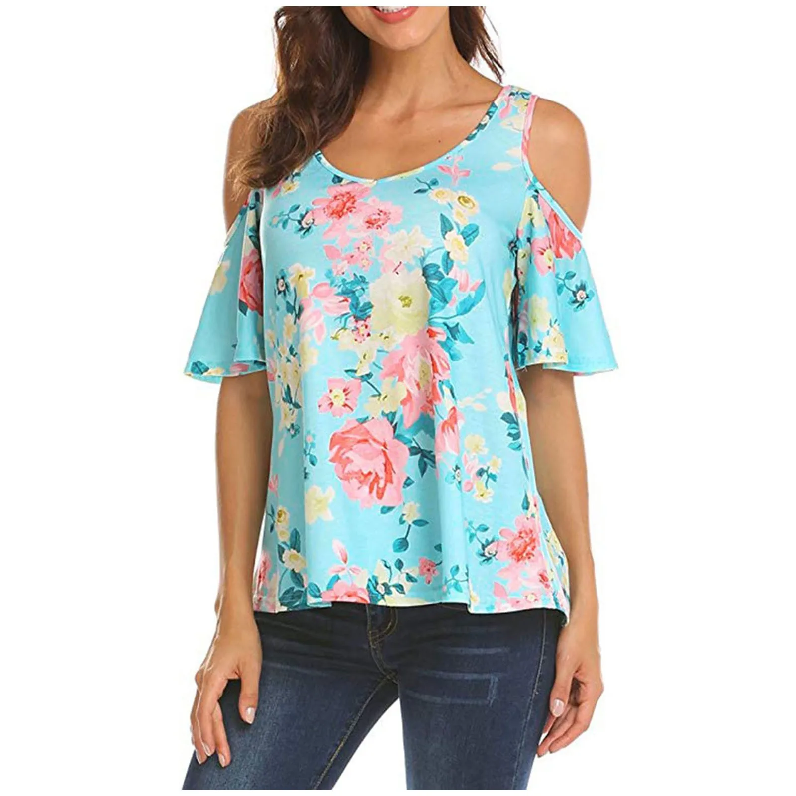Футболка женская летняя с цветочным принтом и открытыми плечами | Женская одежда