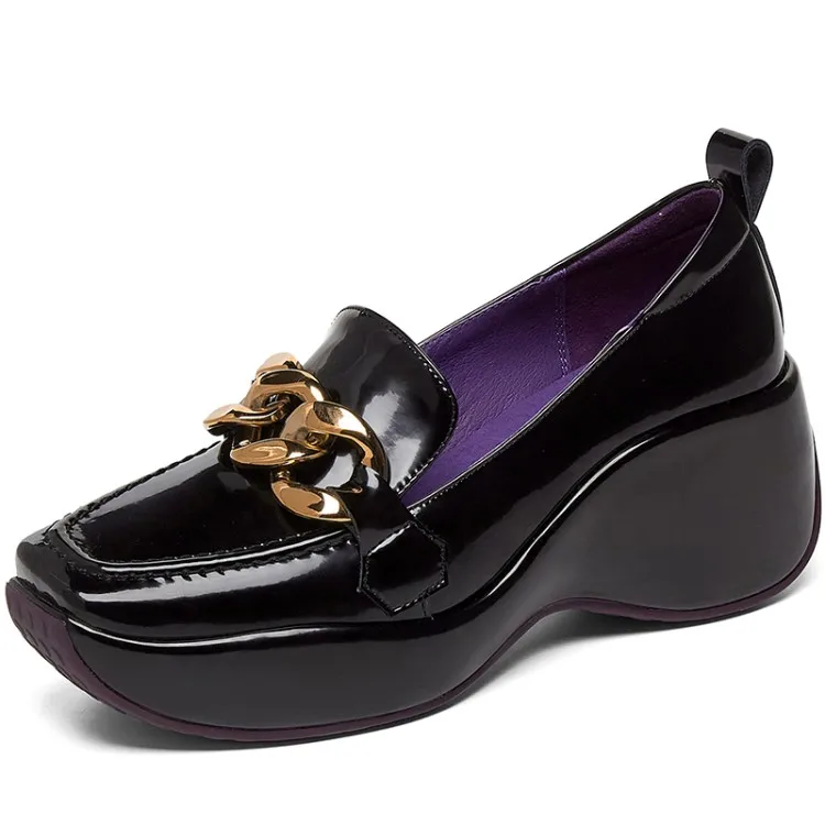 

Womens Platform Patent Leather Loafers Chunky High Heel Pumps Shoes Metal Chain Retro High Quality 2Colors New 2022