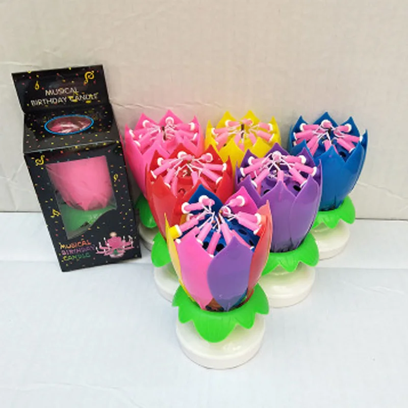 Одноразовая вращающаяся музыкальная Свеча в форме цветка лотоса для торта на