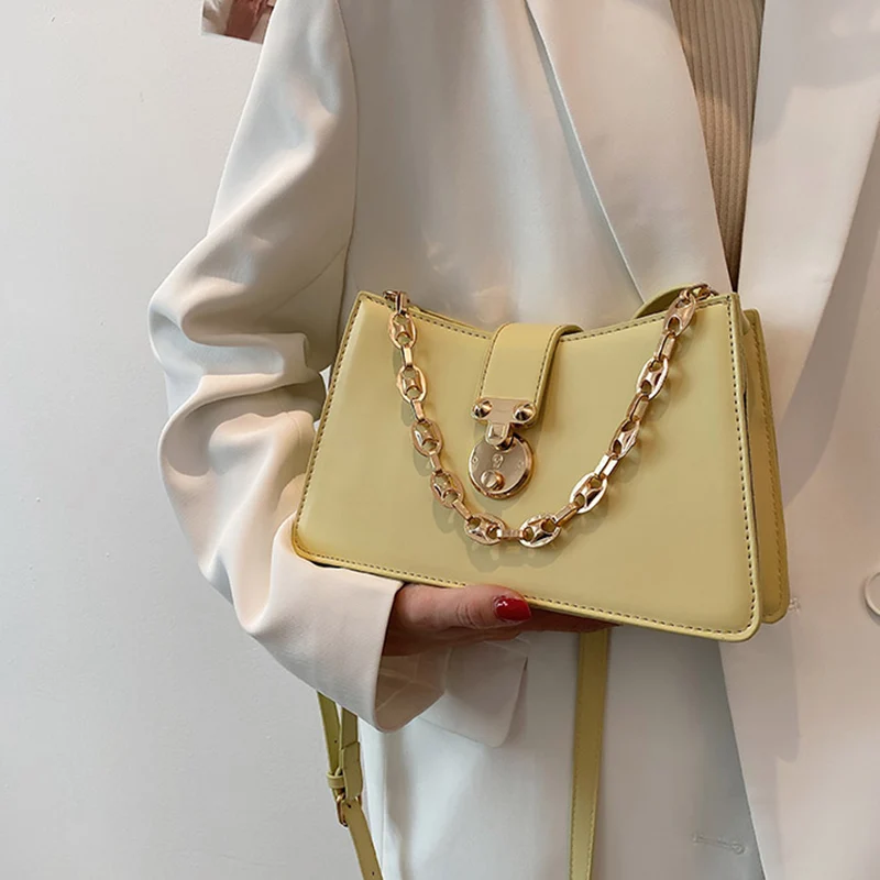 

Women Underarm Shoulder Bags PU Leather Ladies Yellow Blue Handbag Party Bags 2021 Luxury Brand Chain Crossbody Bags Baguette