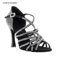 sparkly rhinestone latin dance shoes women 2021 spring new style bachata salsa shoes in leather sole cuban heel 9cm 10cm
