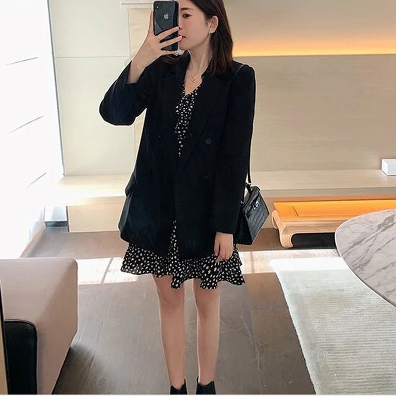 

GOOHOJIO 2021 New Double-breasted Loose Vintage Blazer Women Autumn Suit Blazer Women Jackets Solid Color Oversized Ladies Coats