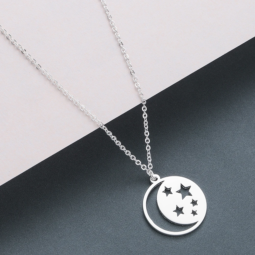 

Cxwind Geometric Round Necklace Moon Star Pendants Necklaces For Women Stainless Steel Gold Chain Cactus Chain collier Femme