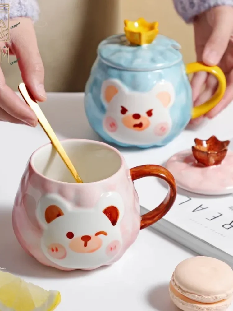 

450ml Kawaii Bear Breakfast Mug With Lid Spoon Creative Personality Home Mug Teacup Cute Ceramic Mug Coffee Cup Children's Gifts
