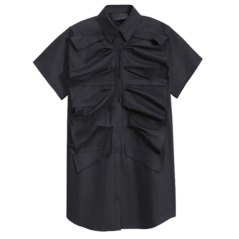 

[EAM] Women White Pleated Big Size Caual Blouse New Lapel Short Sleeve Loose Fit Shirt Fashion Tide Spring Summer 2021 1DD9626