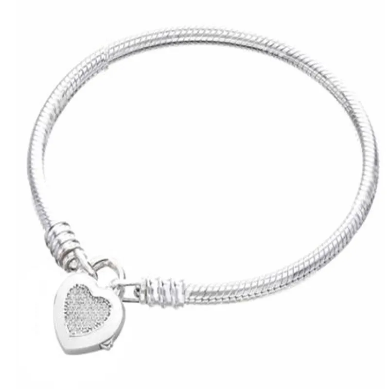 

100% 925 Sterling Silver Spring Button Type Heart-shaped Lock Buckle Pan Bracelet The Most Popular Diy Jewelry