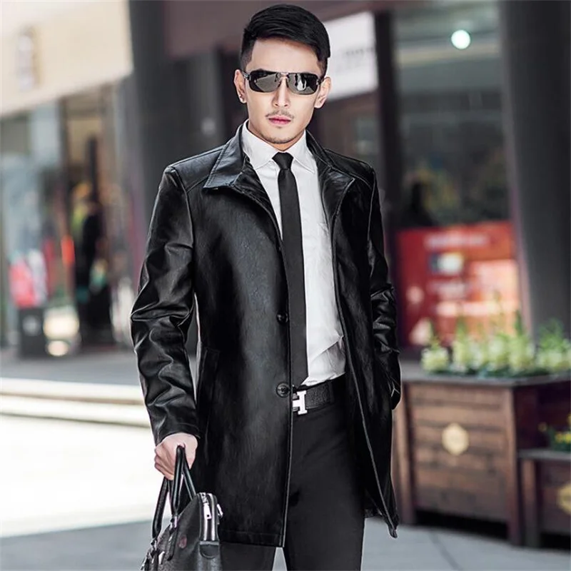Тренчкот мужской классический однобортный деловой повседневный кожаный жакет