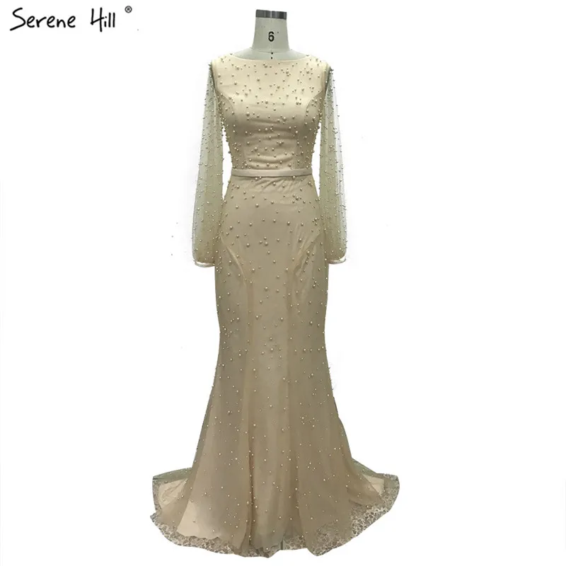 Белые вечерние платья с длинным рукавом жемчугом и русалочкой дизайн 2021 Дубай