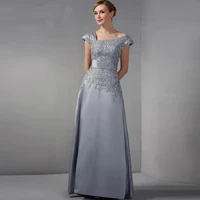2022 hot sale silver a line lace mother of the bride dresses cap sleeves applique beads wedding guest gowns full length