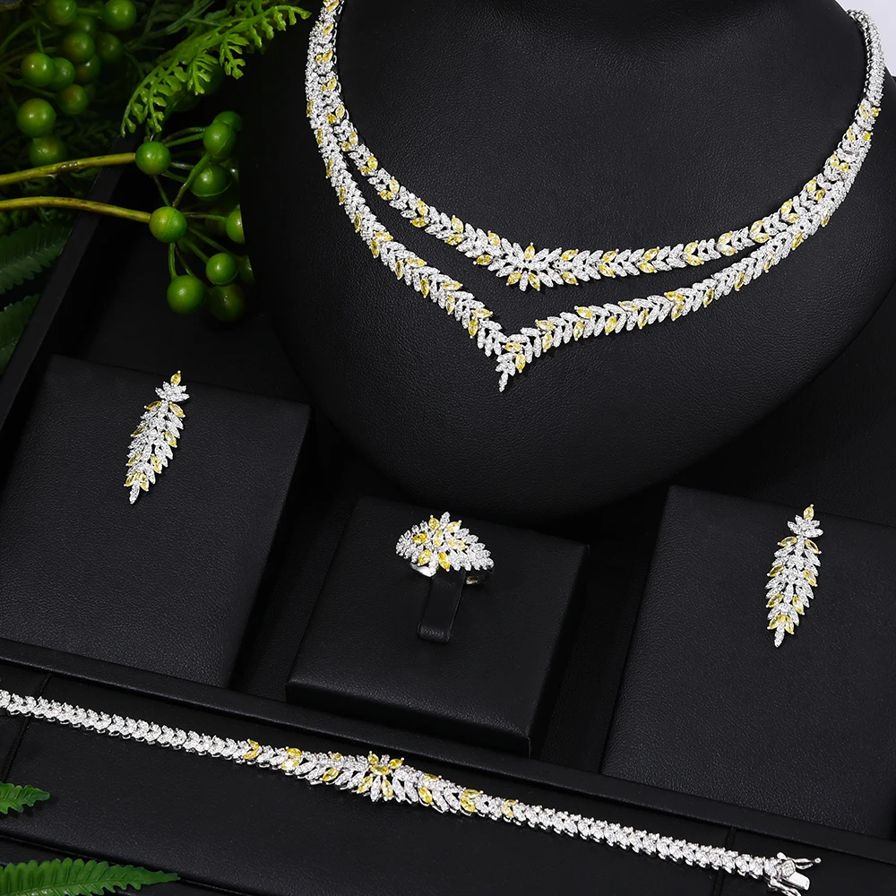 Double Layers 4PCS Luxury yellow cz Statement Jewelry set For Women Wedding Cubic Zircon CZ African Dubai Bridal Jewelry