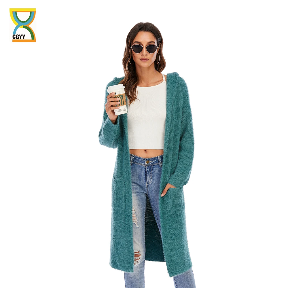 Пушистый вязаный женский кардиган CGYY зеленого цвета свитер с длинным рукавом