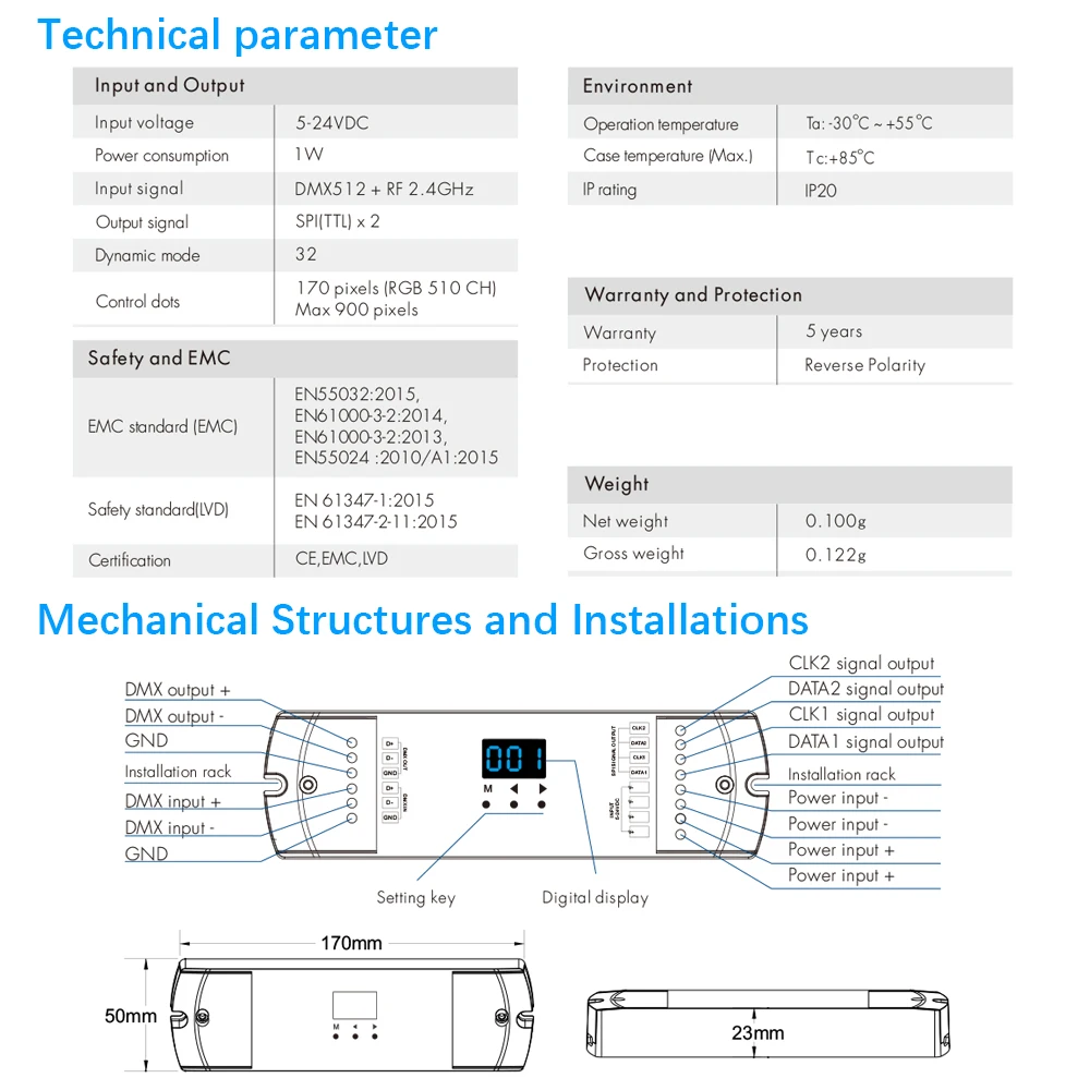 Высококачественный DC5 24V DMX512 в SPI преобразователь DMX декодер поддержка
