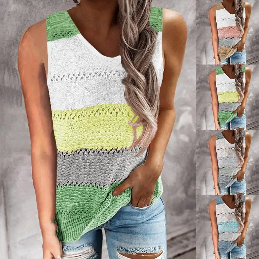 

Women Stylish Sleeveless Knitted Top Summer Knitted Vest Color Block for Office