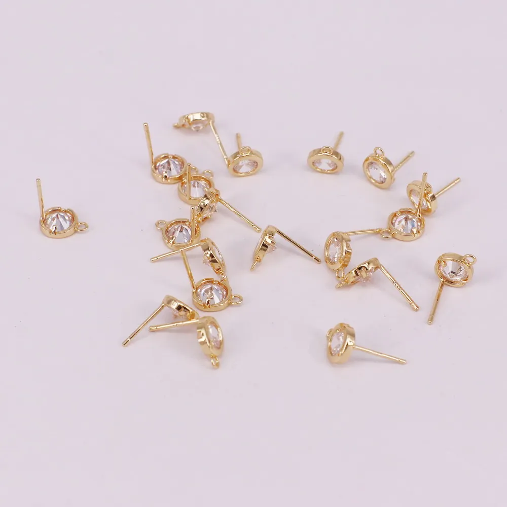 

7mm brass round ear stud fittings with cz silver pin allergy free high quality 14K gold plated DIY jewelry accessory