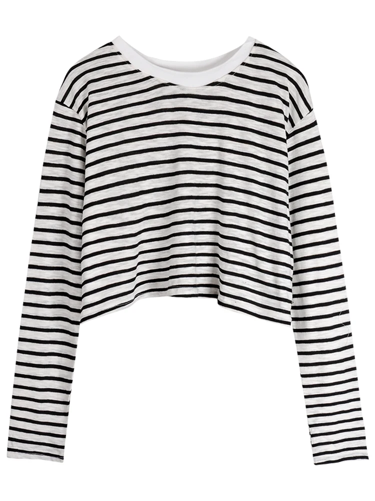 

Thin Autumn Shirt Casual Long Sleeve Women Tops Simple Striped T Shirts Knitted Bottom Short T Shirt Black Loose Camisas Mujer