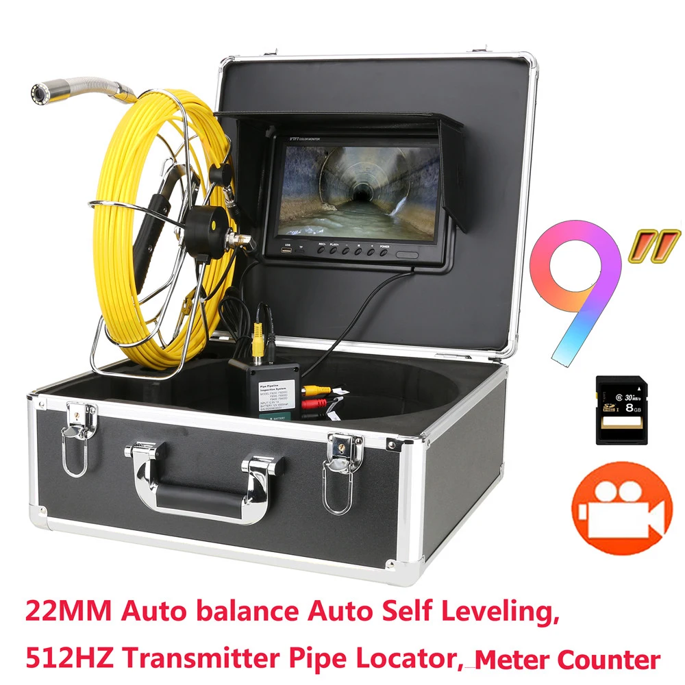 

9 inch DVR Sewer Pipe Inspection Snake Video Camera with Meter Counter Auto Self Leveling 512HZ Pipe Locator 22MM IP68