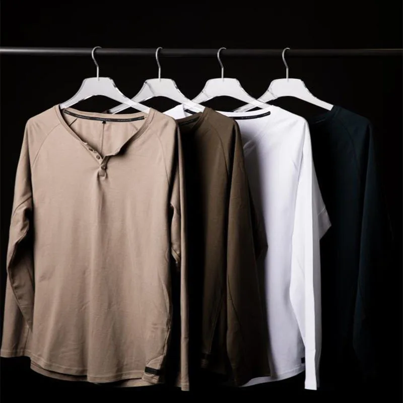 

Новинка 2021, Мужская облегающая хлопковая рубашка с длинными рукавами и V-образным вырезом для спорта и отдыха, для бега в тренажерном зале