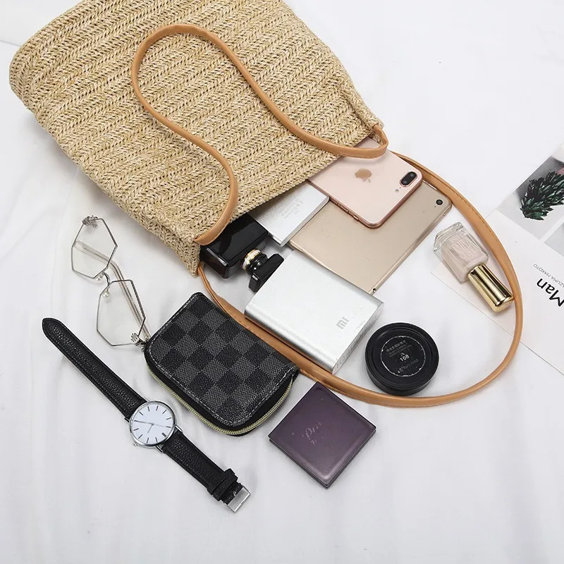 

Summer Women Durable Weave Straw Beach Bags Linen Woven Bucket Bag Grass Casual Tote Handbags Knitting Rattan Bags