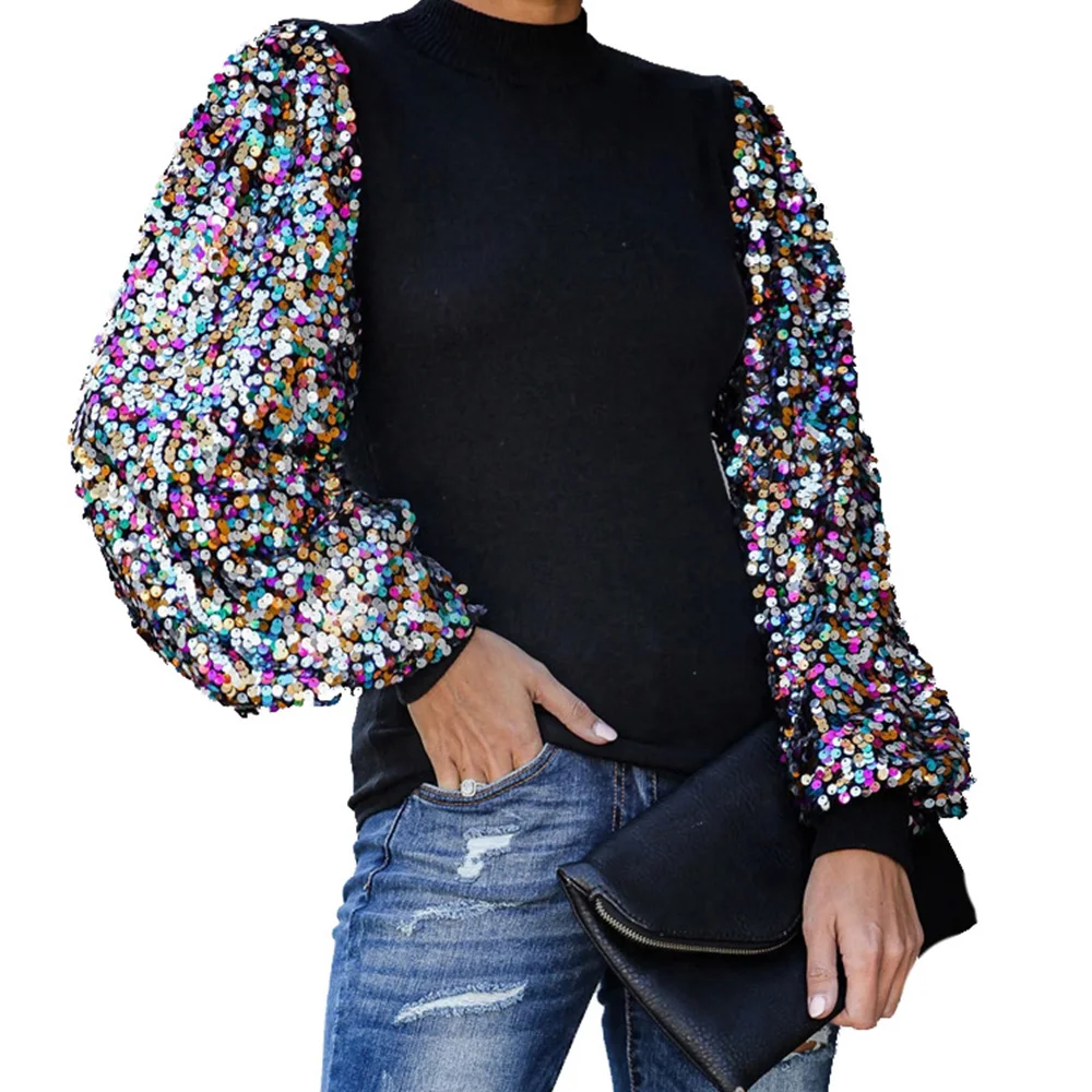 

Women Blouses Tops Shirts Long Lantern Sleeves Sequined Spliced Tops High Street Fashion Pullover Slim tops Lady Bluas D30
