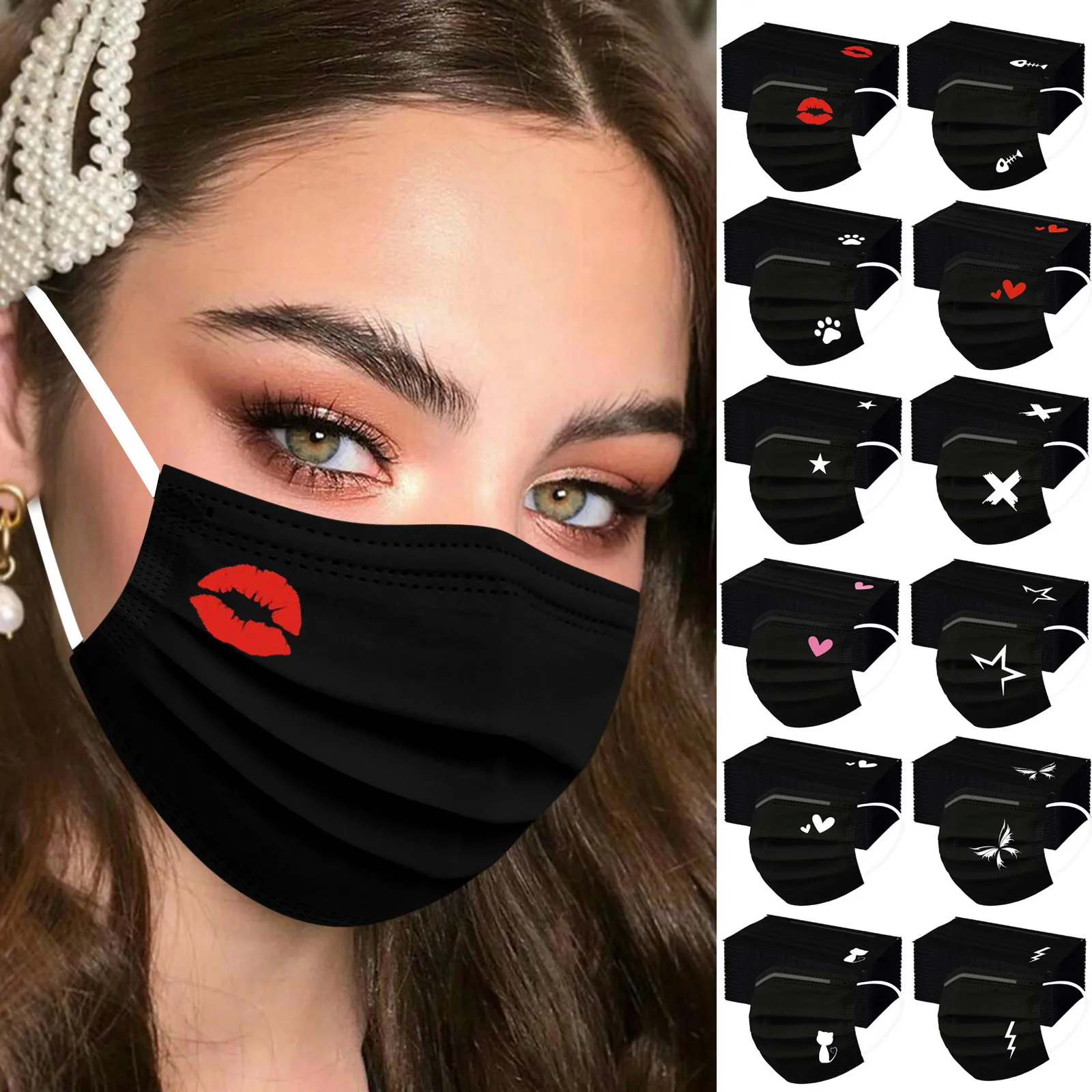 

50pc Black Disposable Mask For Adult Protection Face Masks Animals Cat Pattern 3-layer Anti-Dust Masques Decoration