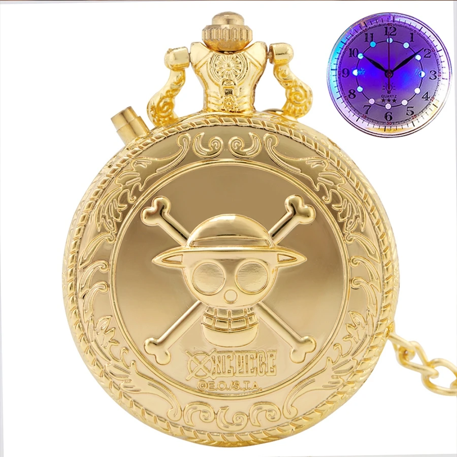 

Fashion Luminous LED Pirate Luffy One Piece Quartz Pocket Watch Unique Skull Cosplay Pendant Chain Gifts For Men Women reloj