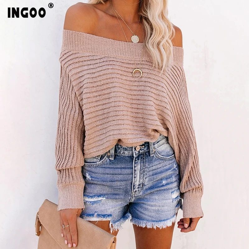 

INGOO Off Shoulder Sweater Women Pullover Oversize Solid Jumper Long Sleeve Pink White Black Sweaters Autumn Female
