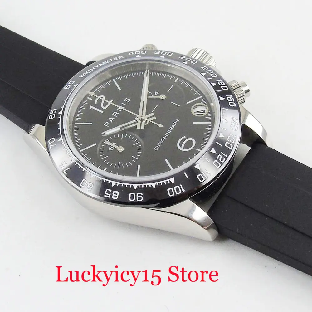 PARNIS Хронограф Функция 39 мм кварцевые мужские часы полированные корпус резиновый