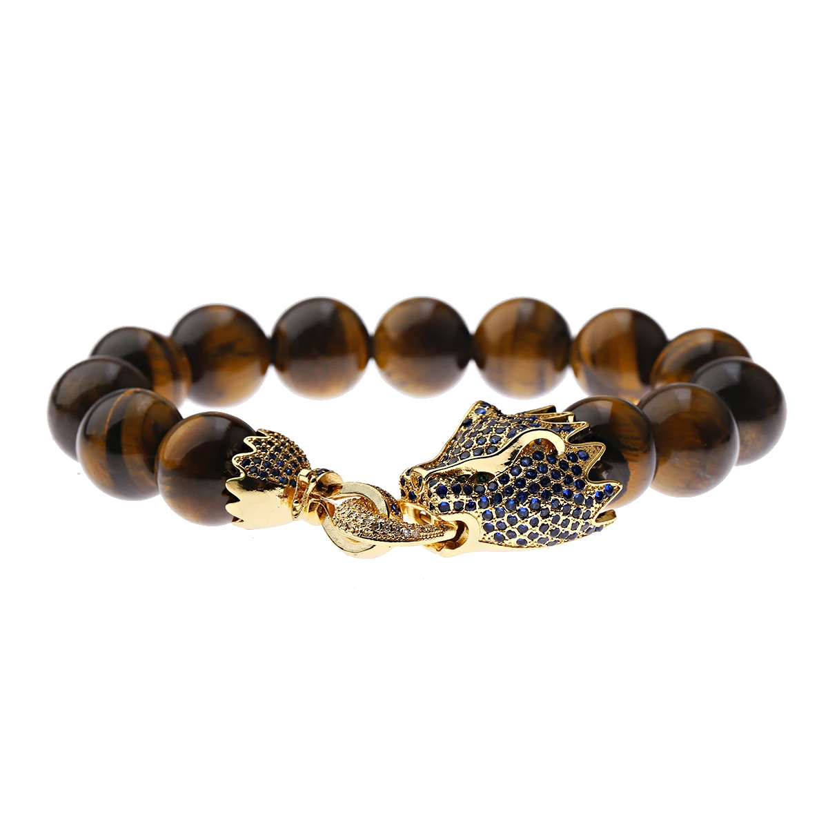 Luxury 12MM Tiger Eye Stone Beads Bracelet Men Gold Silver Color Dragon Head Charms Zircon Bracelet For Women Men Gift