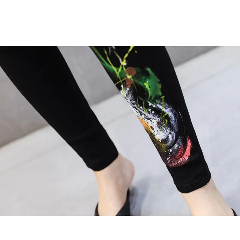 

2021 Autumn and Winter Pants Pencil Pants Button Trousers Personality Graffiti Printed Black Elastic Jeans Women Pants 6851 50