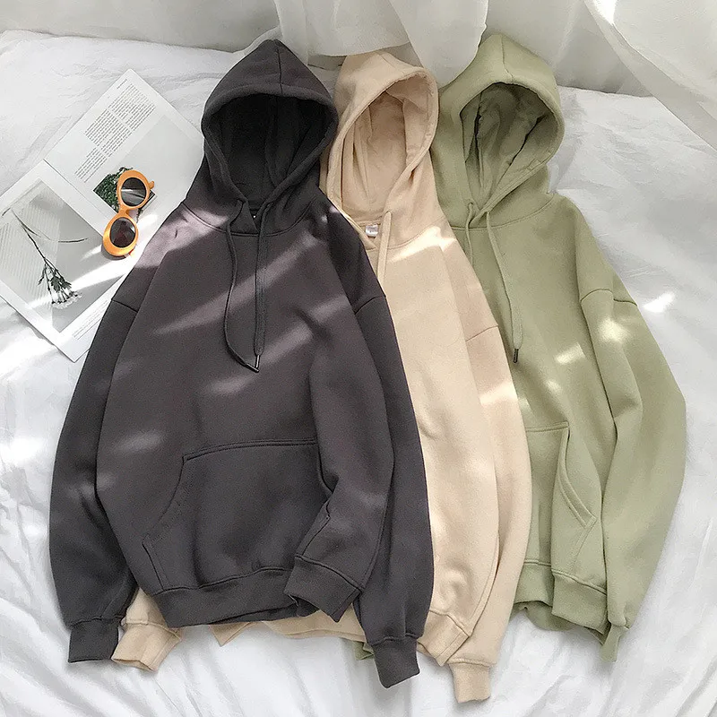 

Women Plus Velvet Hoodies 2021 Autumn Winter New Solid Colors Sweatshirt Casual Thicken Warm Oversized Hoodies Female Pullovers