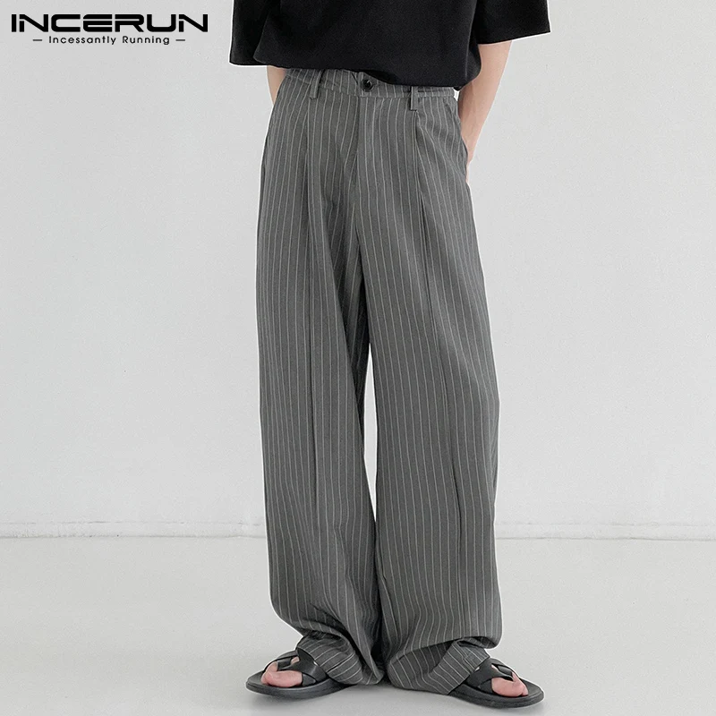 

Fashion Casual Style Men Striped Drape Pantalons Solid All-match Simple Loose Comeforable Straight Wide-leg Long Pant 2021 S-5XL