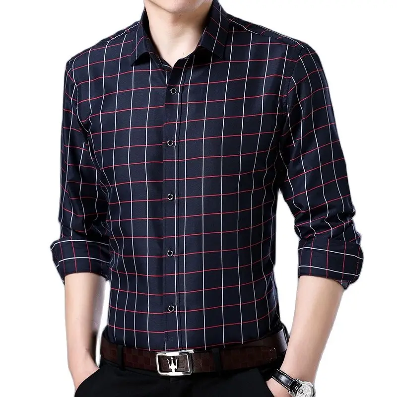 

White Plaid Shirt for Men Long Sleeve Single Breasted Shirts Black Sky Blue Business Casual Camisa male Chemise 4xl