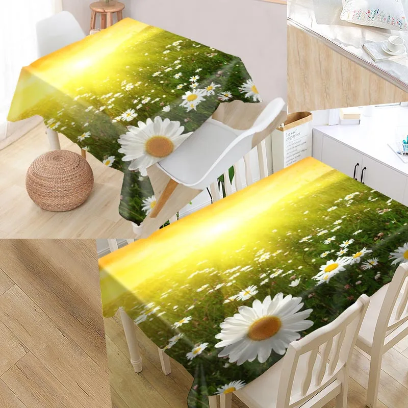 

Custom Daisy Flower Table Cloth Oxford Fabric Rectangular Waterproof Oilproof Table Cover Family Party Tablecloth