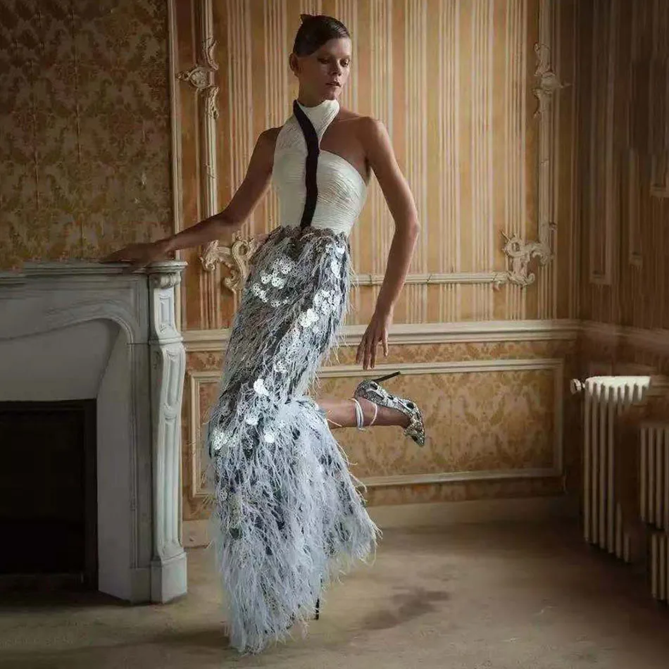 

High Quality Feather Sequins Floor Length Round Neck Sleeveless Sexy Off-Shoulder Open Back Dress 2021 Fashion Women