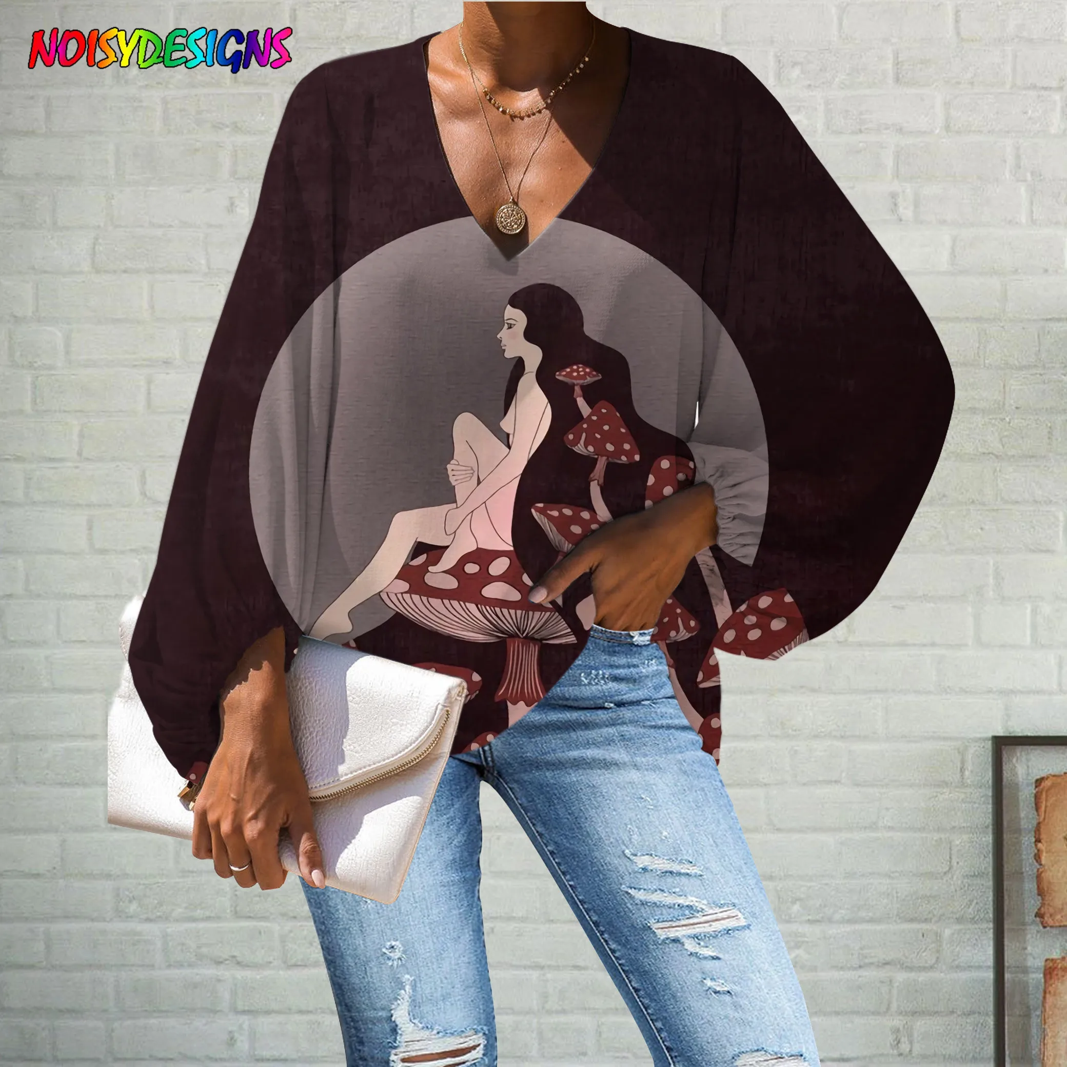 

NOISYDESIGNS Mushroom Queen Print Women Loose Blouses Long Sleeve Shirts Female Chic Tops Mushrooms Art Prints Ladies Shirts