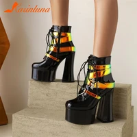 karinluna hot sale new female square high heels round toe boots zipper buckle platform ankle boots women punk footwear woman