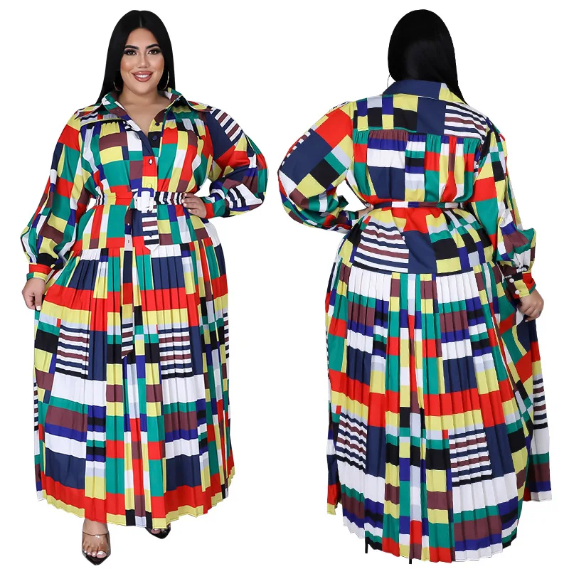 

Multi Color Plaid Patchwork A-line Dress Plus Size Long Sleeve Ankle Dresses for Women Autumn New Fashion Charming Outfit
