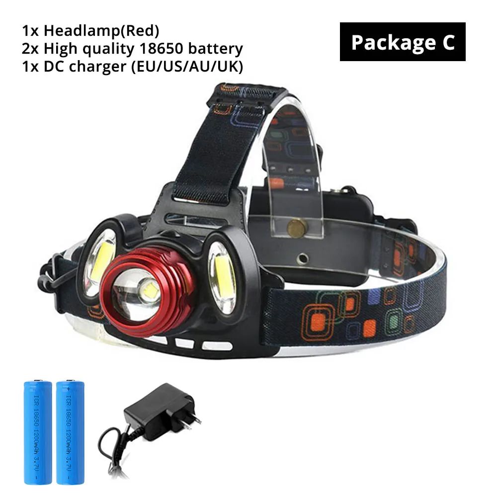 PackageC(red) Супер яркий светодиодный налобный фонарь T6+ COB светодиодный налобный фонарь 4 режима освещения масштабируемый для рыбалки, ночной езды, кемпинга, приключений и т. д - Испускаемый цвет: PackageC(red)