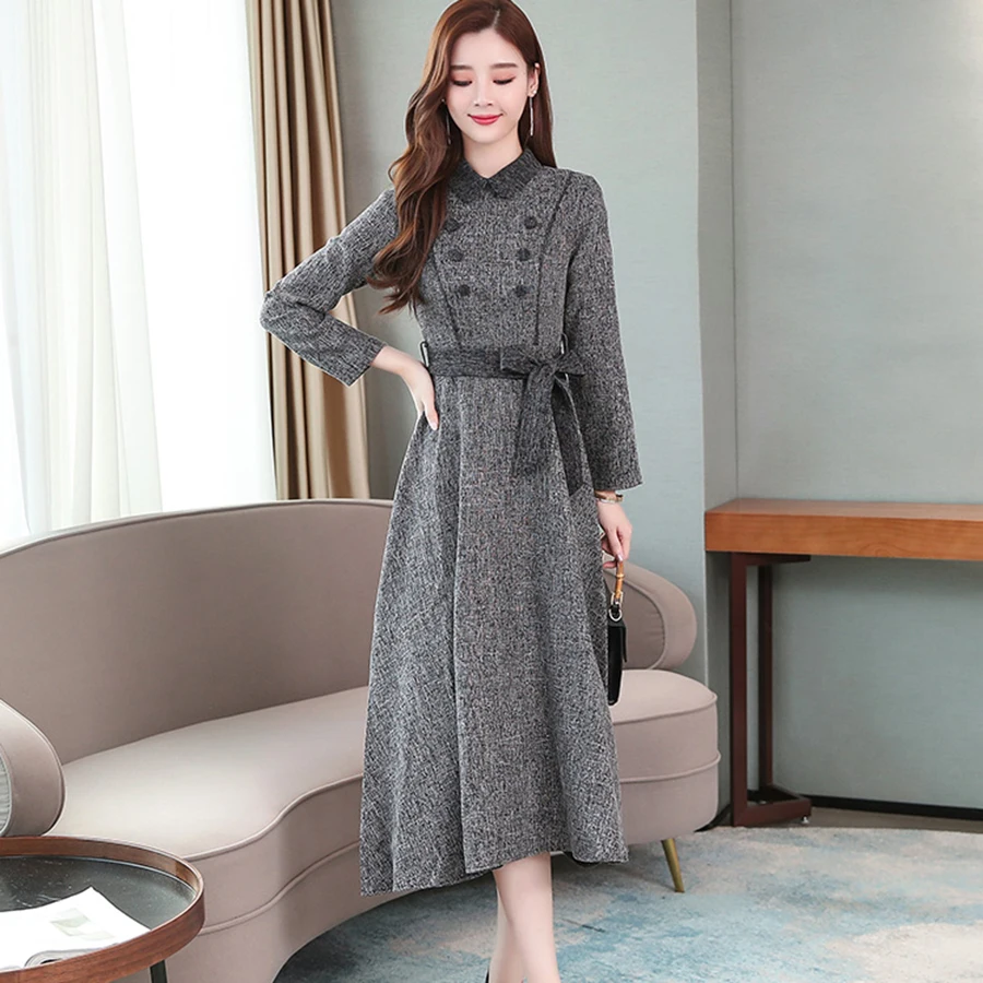 Женское винтажное однотонное платье миди размера плюс 2XL на осень и зиму серое