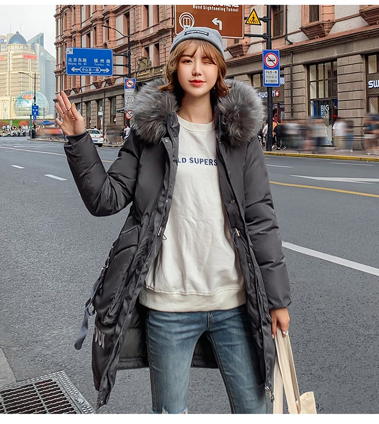 Меховой воротник с капюшоном Длинные Для женщин зимняя куртка из плотного хлопка с хлопковой подкладкой теплая куртка casaco Feminina Inverno; с буквенным принтом; женские пальто; куртка-штормовка