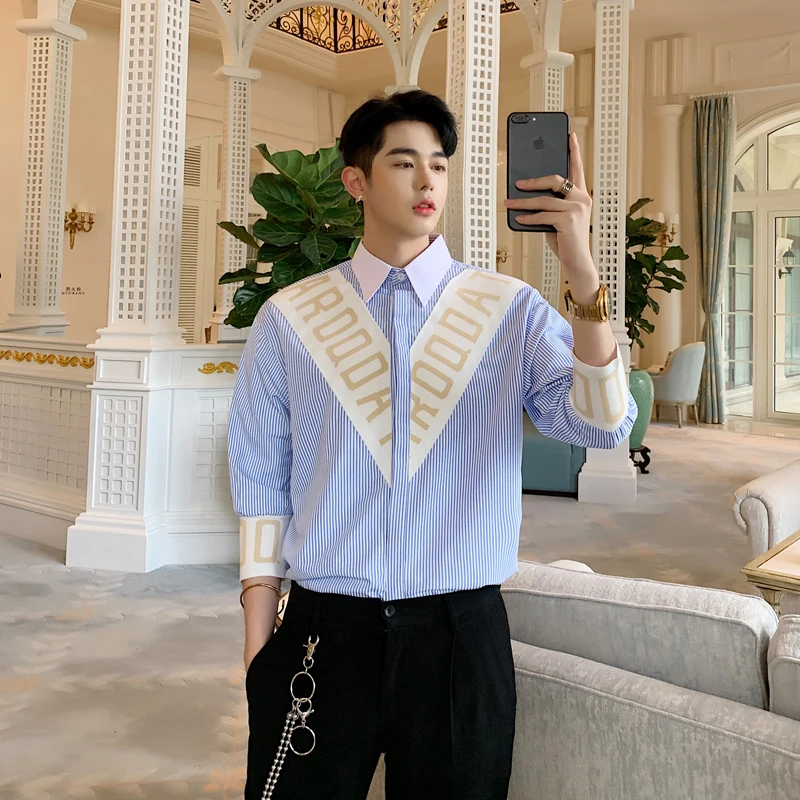 Рубашка мужская повседневная в полоску модная уличная одежда стиле High Street с
