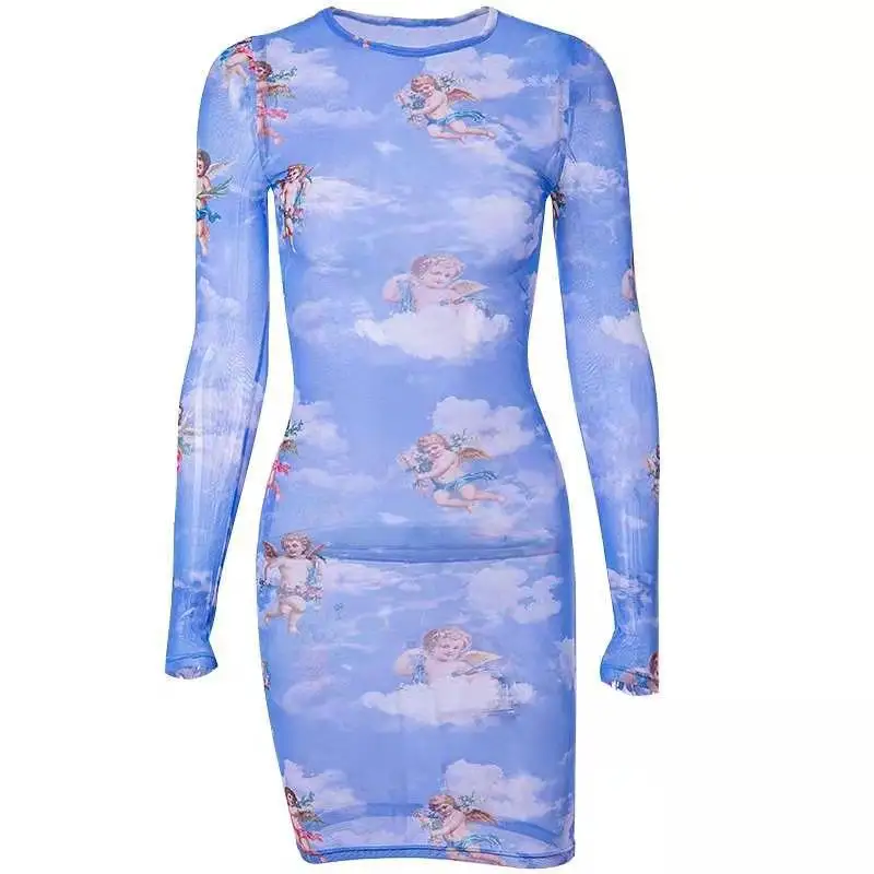 

XUXI Women Thin And Sexy Dress Net Gauze Perspective Fashion Print Bag Hip MINI Skirt Summer 2021 E1610