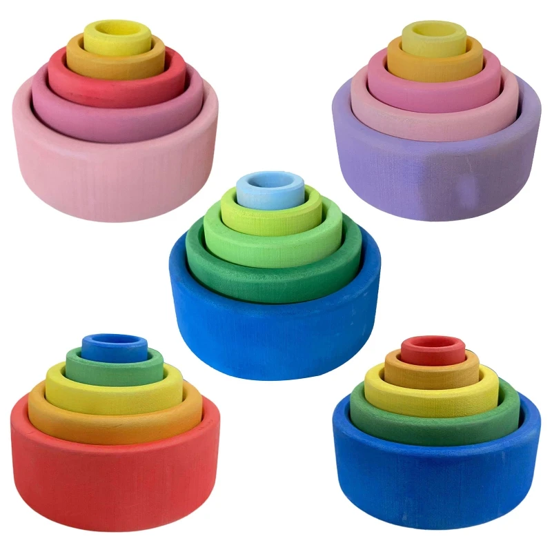 

5Pcs Baby Wooden Rainbow Stacker Children Stacking Game Learning Building Blocks