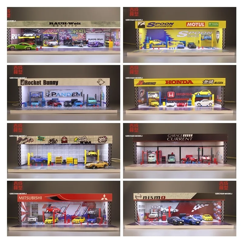 

GEECHAN 1/64 Model Car Diorama LED Lighting Garage RWB/JDM/HONDA/Spoon Sports Vehicle Display Collection Parking Lot