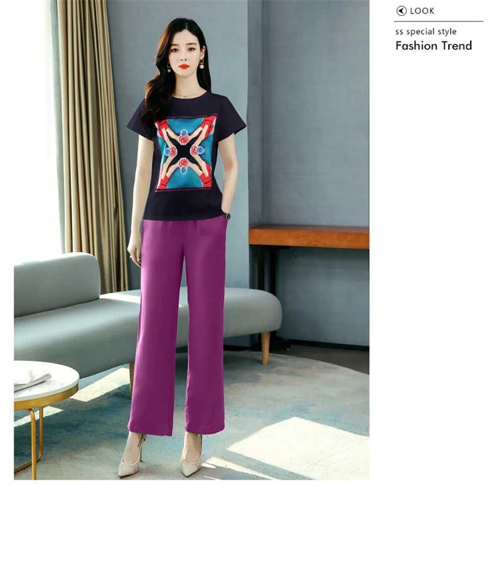 

[Good quality] summer new style personality temperament women's short-sleeved T-shirt + elastic waist wide-leg pants casual all-