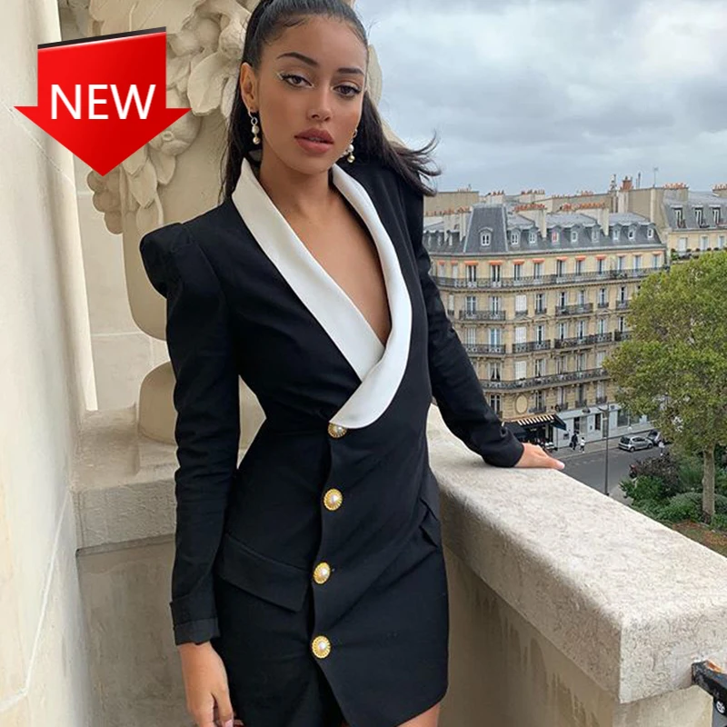 

2020 New Winter Women's DressTemperament Suit Dress Color Long Suit Jacket Retro Style Lapel Long-Sleeved Single-Breasted