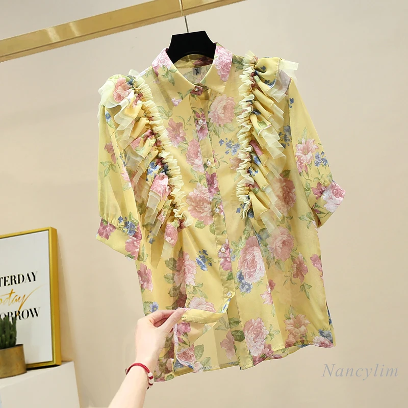 

2021 Summer New Sweet Slimming Stitching Mesh Ruffles Floral Chiffon Shirt Women's Short Sleeve Top Blouses Blusas